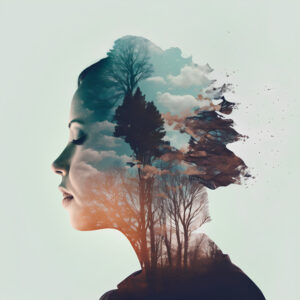 Double exposure portrait of a young woman combined with trees and clouds.